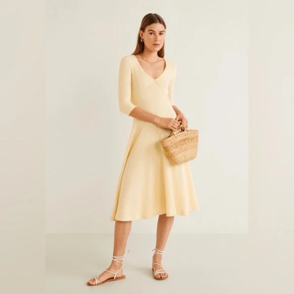 mango ribbed midi dress MANGO - Perkins-neck ribbed Dress Medium Brown